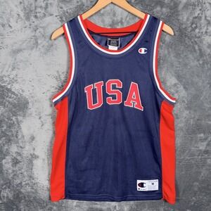 Champion Mens USA Basketball Jersey Size M Navy Blue Red Athletic Tank Top